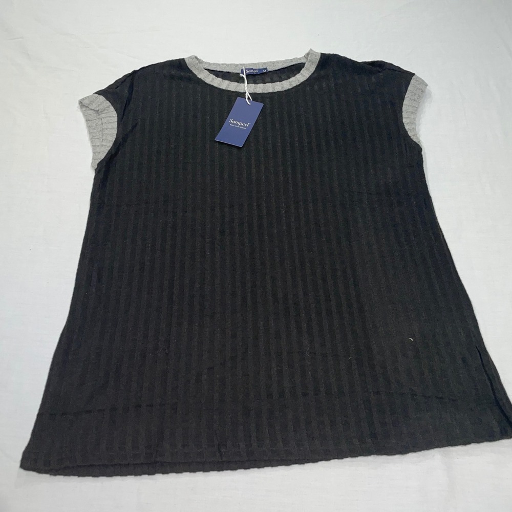 Sampeel Womens Ribbed Short Sleeve Top Black Grey Trim Size M NWT